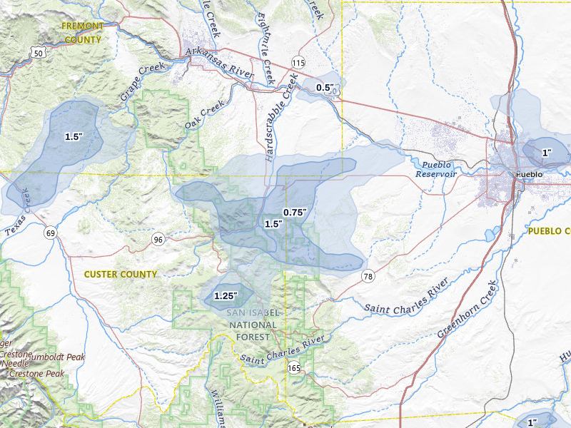 NEXRAD radar-signature map of the hail storm over Wetmore, CO on Jul 28, 2026