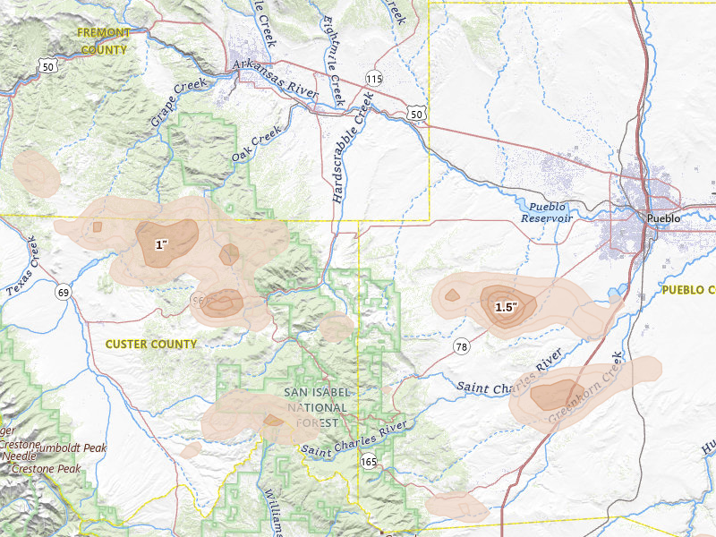 Radar-estimated hail-size map of the storm over Wetmore, CO on Jul 29, 2026