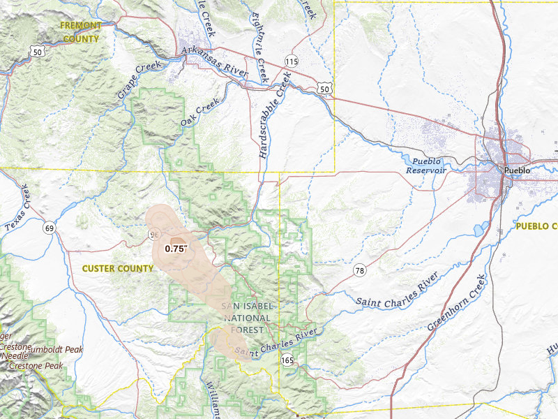 Radar-estimated hail-size map of the storm over Wetmore, CO on Jul 31, 2026