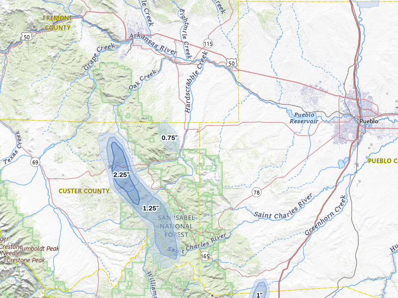 NEXRAD radar-signature map of the hail storm over Wetmore, CO on Jul 31, 2026