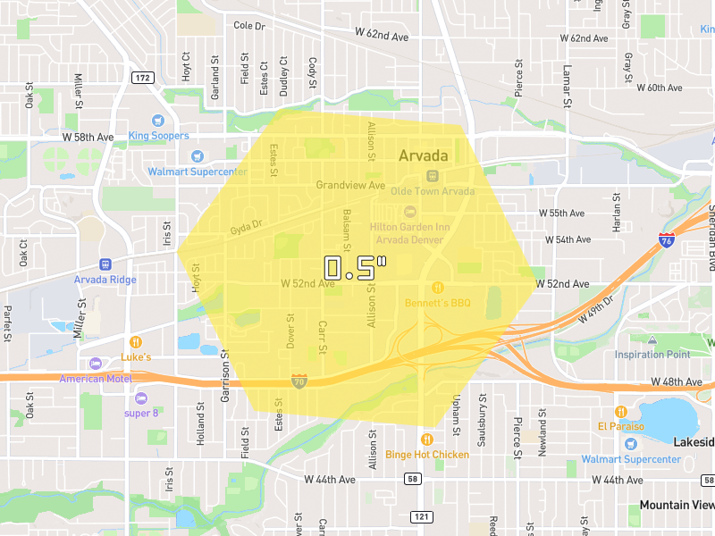 Hail map of Wheat Ridge, CO on Jul 4, 2026, hail up to 0.5"