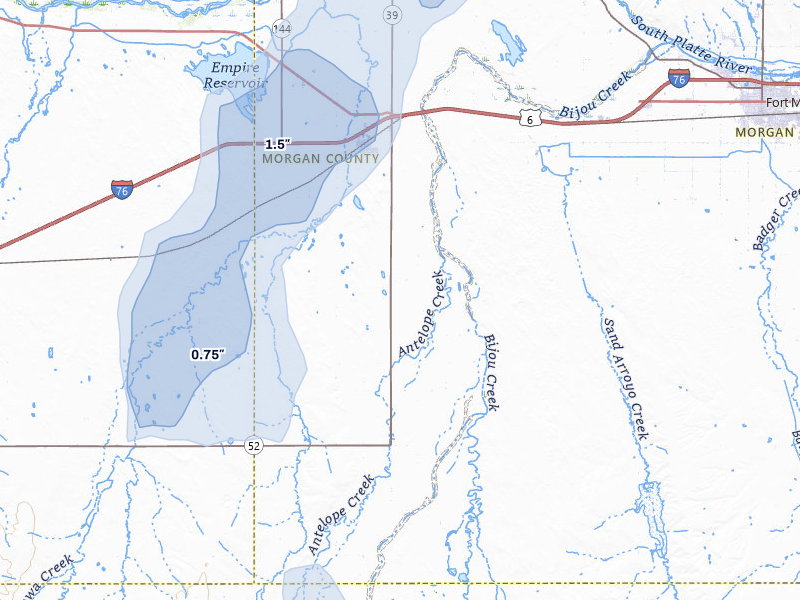 NEXRAD radar-signature map of the hail storm over Wiggins, CO on Jun 3, 2026