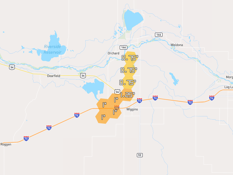 Hail map of Wiggins, CO on Jun 3, 2026, hail up to 1.25"