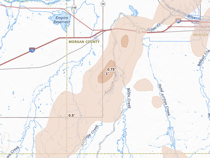 Radar-estimated hail-size map of the storm over Wiggins, CO on Jun 8, 2026