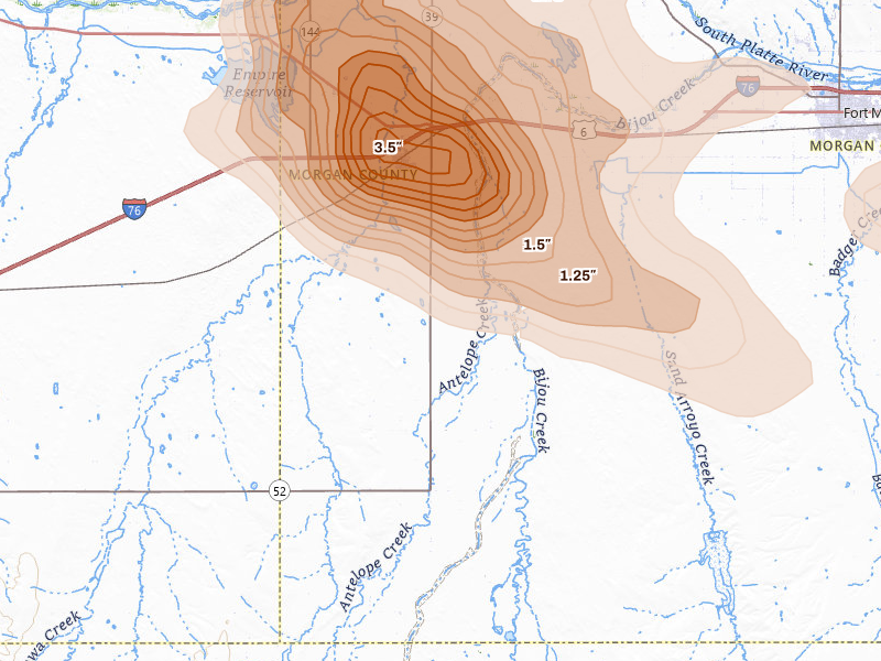 Radar-estimated hail-size map of the storm over Wiggins, CO on Jun 23, 2026