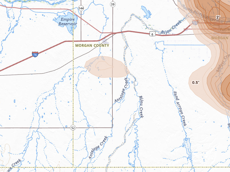 Radar-estimated hail-size map of the storm over Wiggins, CO on Jun 24, 2026