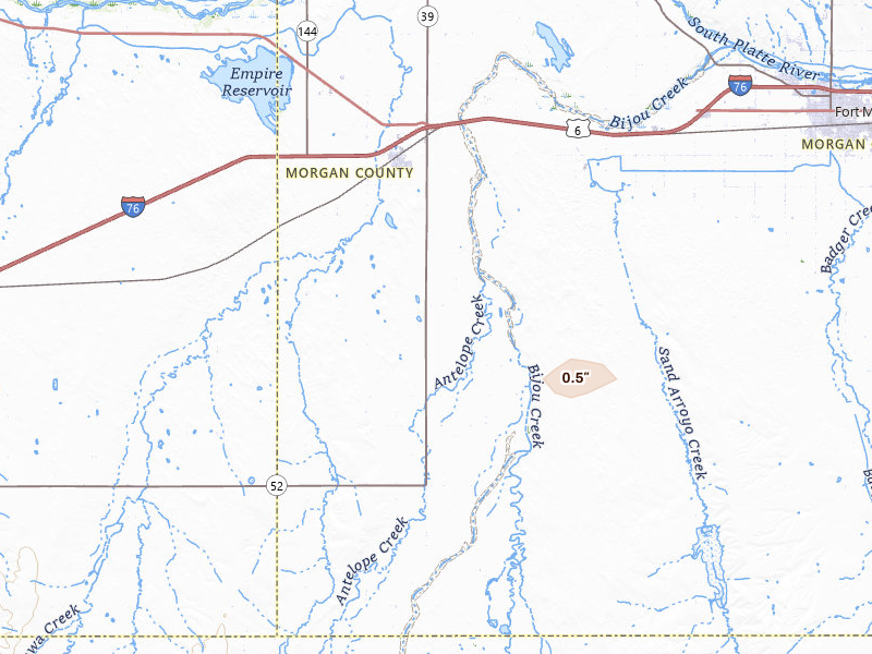 Radar-estimated hail-size map of the storm over Wiggins, CO on Jul 4, 2026