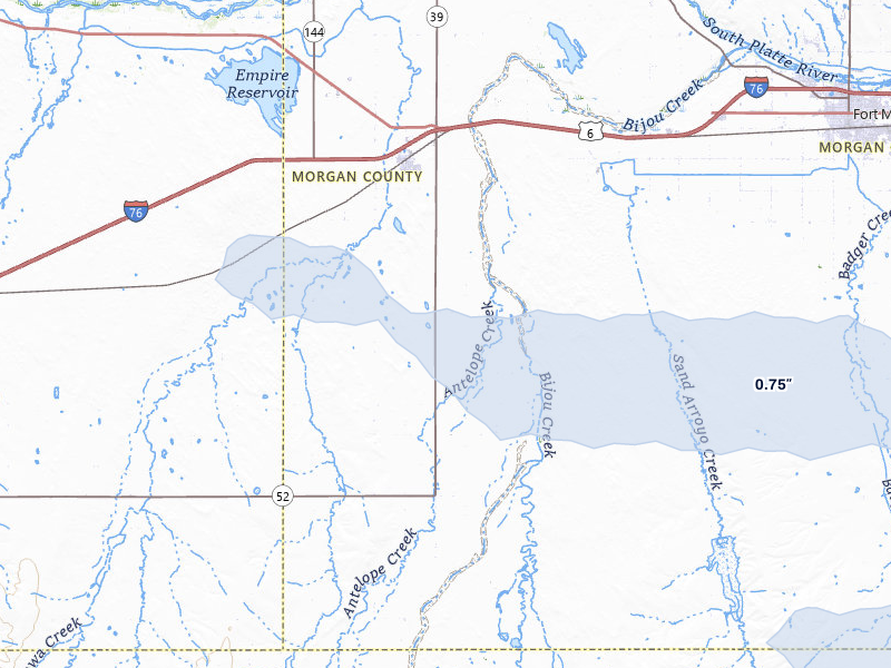 NEXRAD radar-signature map of the hail storm over Wiggins, CO on Jul 4, 2026