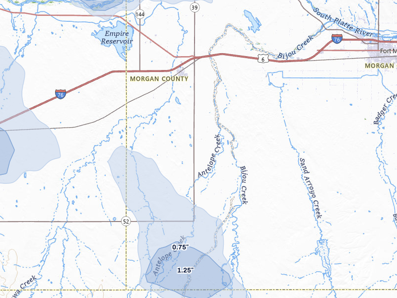 NEXRAD radar-signature map of the hail storm over Wiggins, CO on Jul 8, 2026