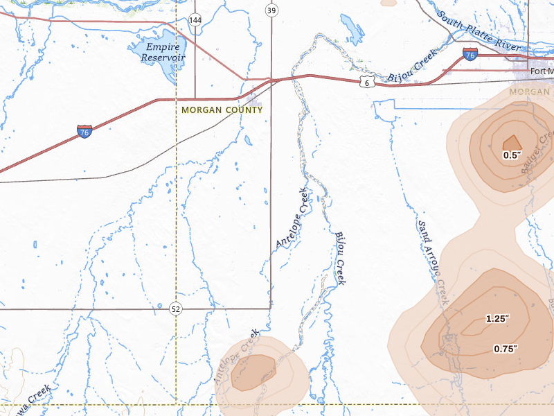 Radar-estimated hail-size map of the storm over Wiggins, CO on Jul 28, 2026
