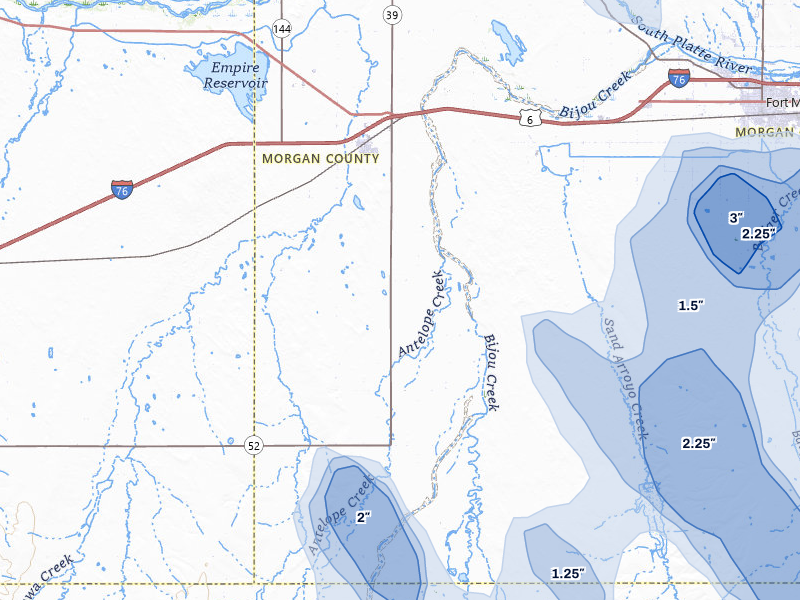 NEXRAD radar-signature map of the hail storm over Wiggins, CO on Jul 28, 2026