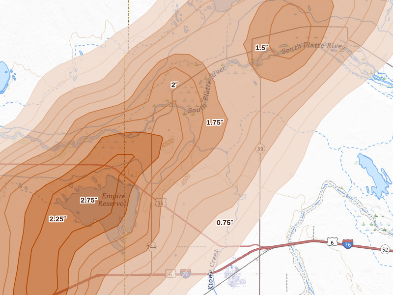 Radar-estimated hail-size map of the storm over Wiggins, CO on Aug 22, 2026