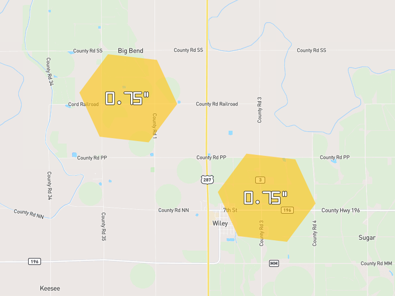 Hail map of Wiley, CO on Jun 27, 2026, hail up to 0.75"