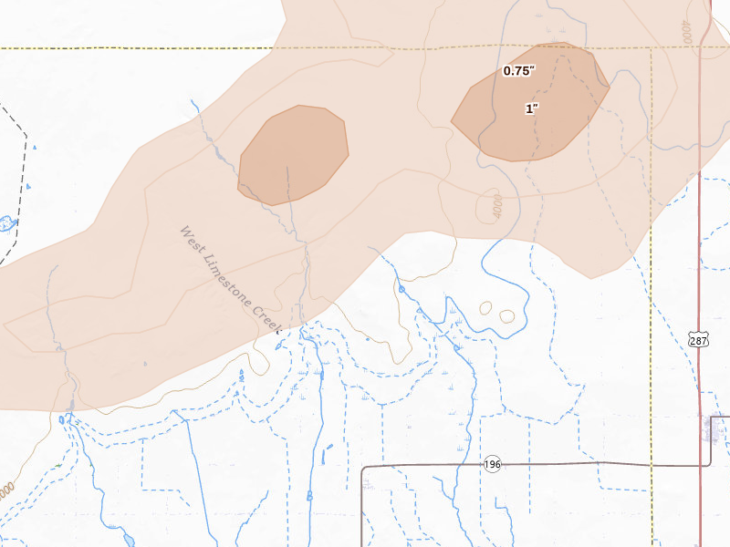 Radar-estimated hail-size map of the storm over Wiley, CO on Jul 23, 2026