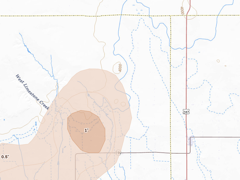 Radar-estimated hail-size map of the storm over Wiley, CO on Aug 14, 2026