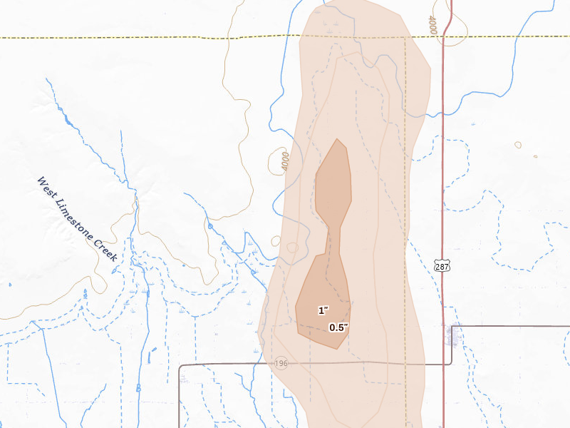 Radar-estimated hail-size map of the storm over Wiley, CO on Aug 25, 2026