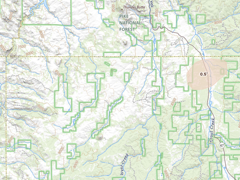 Radar-estimated hail-size map of the storm over Woodland Park, CO on Jun 1, 2026