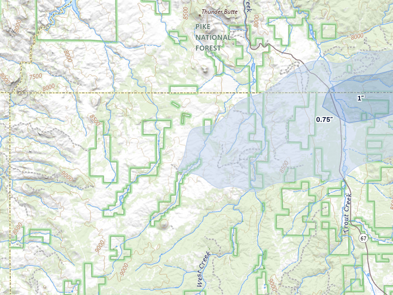 NEXRAD radar-signature map of the hail storm over Woodland Park, CO on Jun 1, 2026
