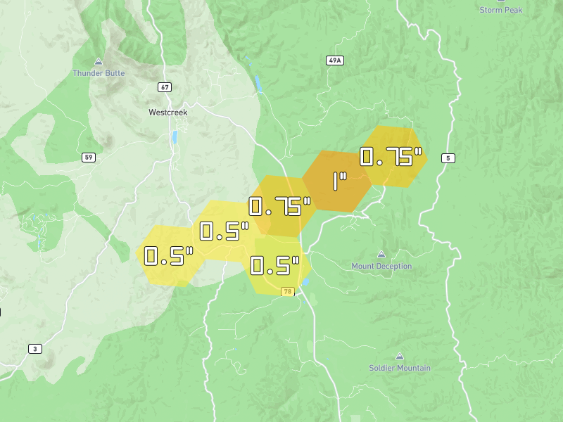Hail map of Woodland Park, CO on Jun 1, 2026, hail up to 1"