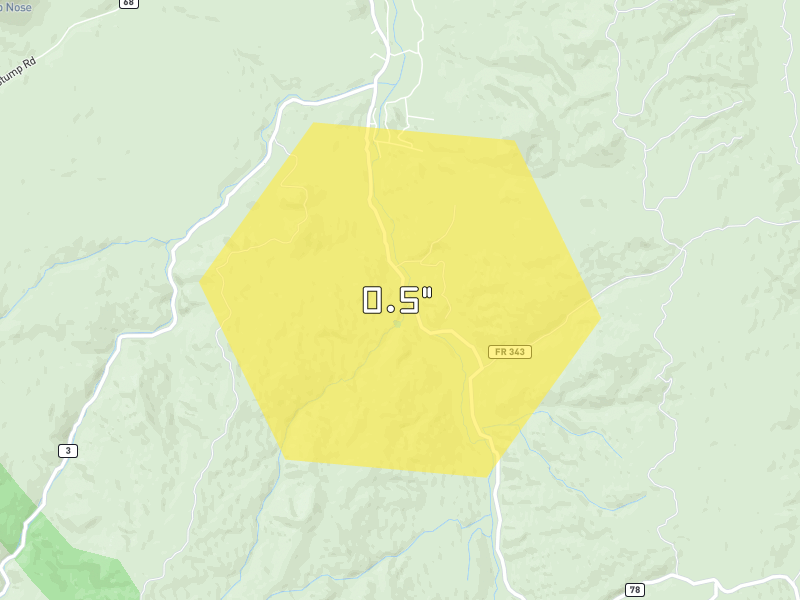 Hail map of Woodland Park, CO on Jun 2, 2026, hail up to 0.5"