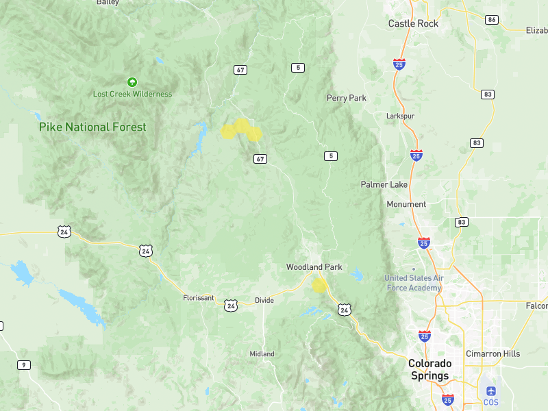 Hail map of Woodland Park, CO on Jun 26, 2026, hail up to 0.5"