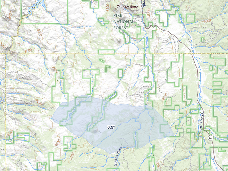 NEXRAD radar-signature map of the hail storm over Woodland Park, CO on Jul 24, 2026