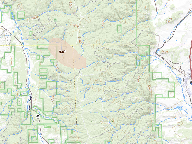 Radar-estimated hail-size map of the storm over Woodland Park, CO on Aug 19, 2026
