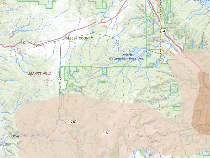 Radar-estimated hail-size map of the storm over Woodland Park, CO on Aug 20, 2026