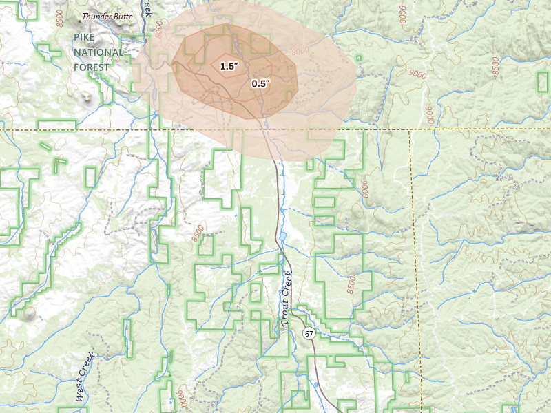 Radar-estimated hail-size map of the storm over Woodland Park, CO on Aug 26, 2026
