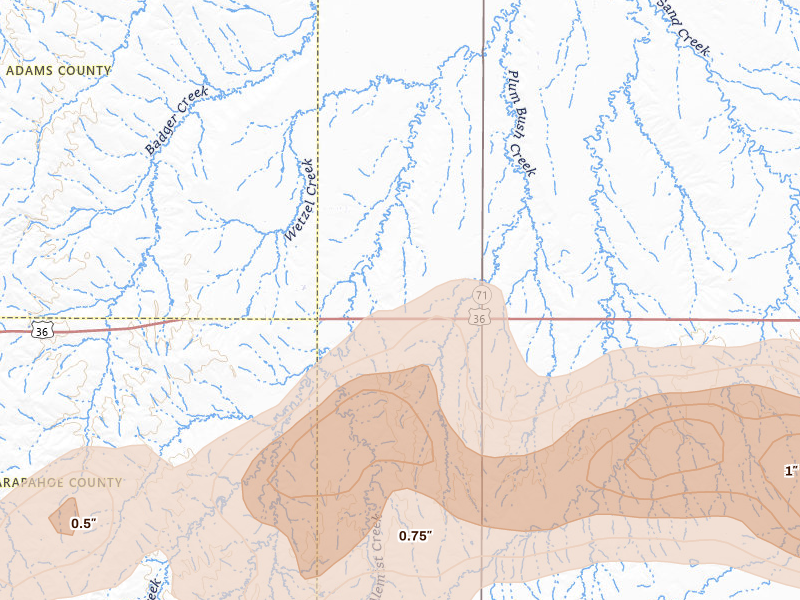 Radar-estimated hail-size map of the storm over Woodrow, CO on May 21, 2026