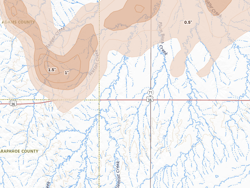 Radar-estimated hail-size map of the storm over Woodrow, CO on Jun 1, 2026