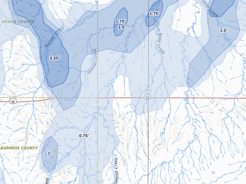 NEXRAD radar-signature map of the hail storm over Woodrow, CO on Jun 1, 2026
