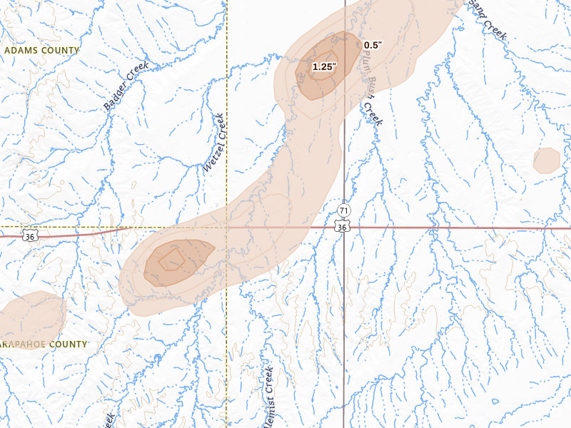 Radar-estimated hail-size map of the storm over Woodrow, CO on Jun 20, 2026