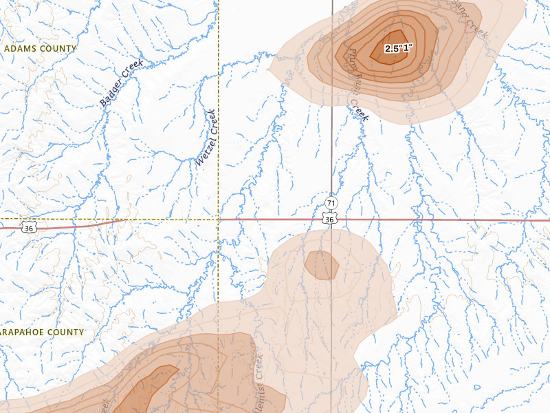 Radar-estimated hail-size map of the storm over Woodrow, CO on Jun 23, 2026
