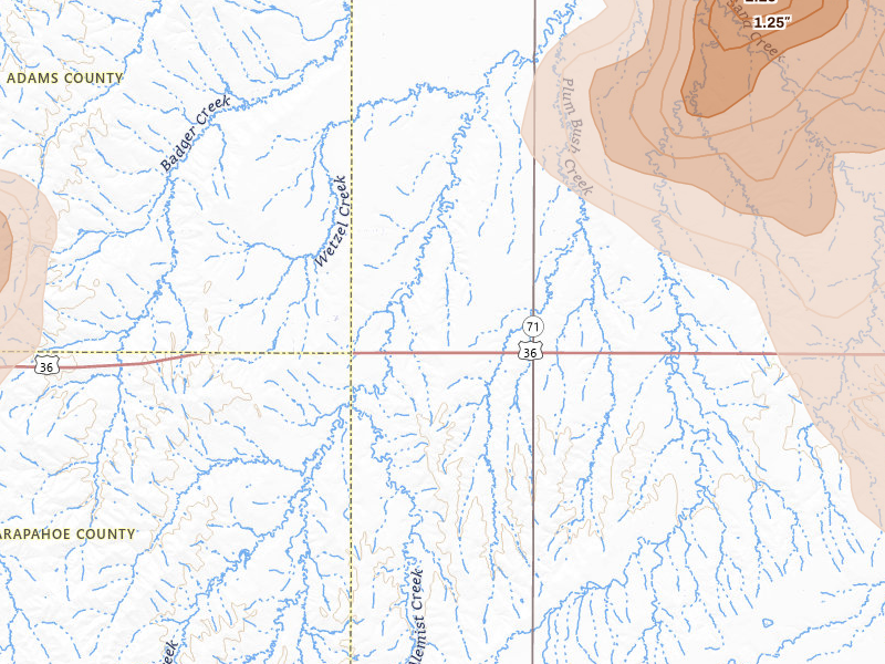 Radar-estimated hail-size map of the storm over Woodrow, CO on Jun 24, 2026