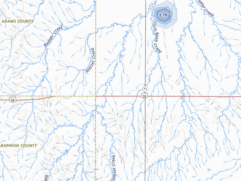 NEXRAD radar-signature map of the hail storm over Woodrow, CO on Jul 1, 2026