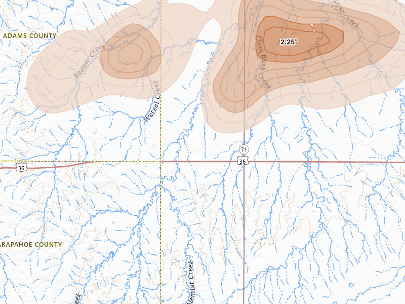 Radar-estimated hail-size map of the storm over Woodrow, CO on Jul 2, 2026
