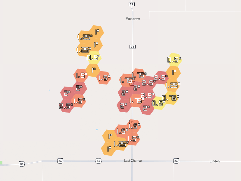 Hail map of Woodrow, CO on Jul 2, 2026, hail up to 2.5"