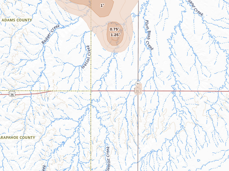 Radar-estimated hail-size map of the storm over Woodrow, CO on Jul 28, 2026