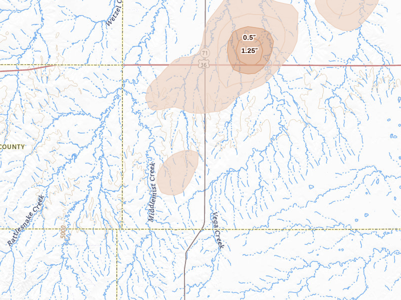 Radar-estimated hail-size map of the storm over Woodrow, CO on Aug 14, 2026