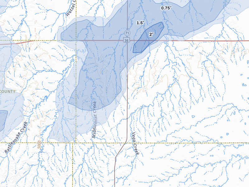NEXRAD radar-signature map of the hail storm over Woodrow, CO on Aug 14, 2026