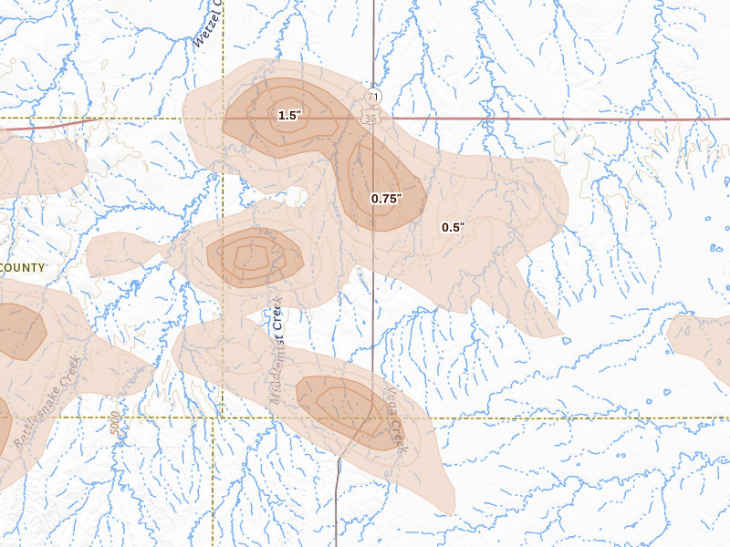 Radar-estimated hail-size map of the storm over Woodrow, CO on Aug 26, 2026