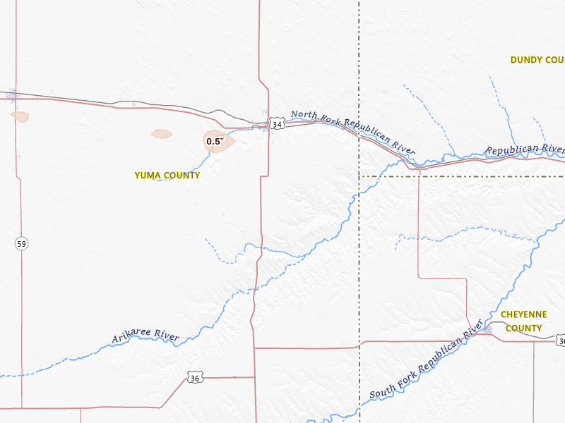 Radar-estimated hail-size map of the storm over Wray, CO on May 14, 2026