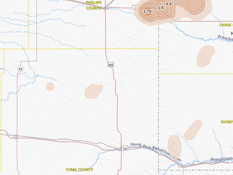 Radar-estimated hail-size map of the storm over Wray, CO on May 16, 2026