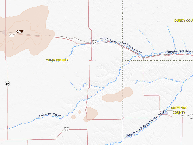 Radar-estimated hail-size map of the storm over Wray, CO on Jun 1, 2026
