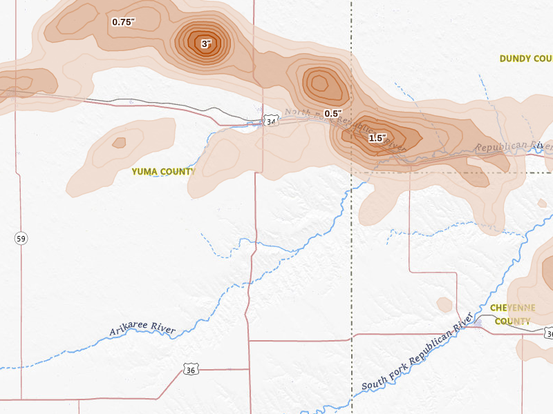 Radar-estimated hail-size map of the storm over Wray, CO on Jun 20, 2026