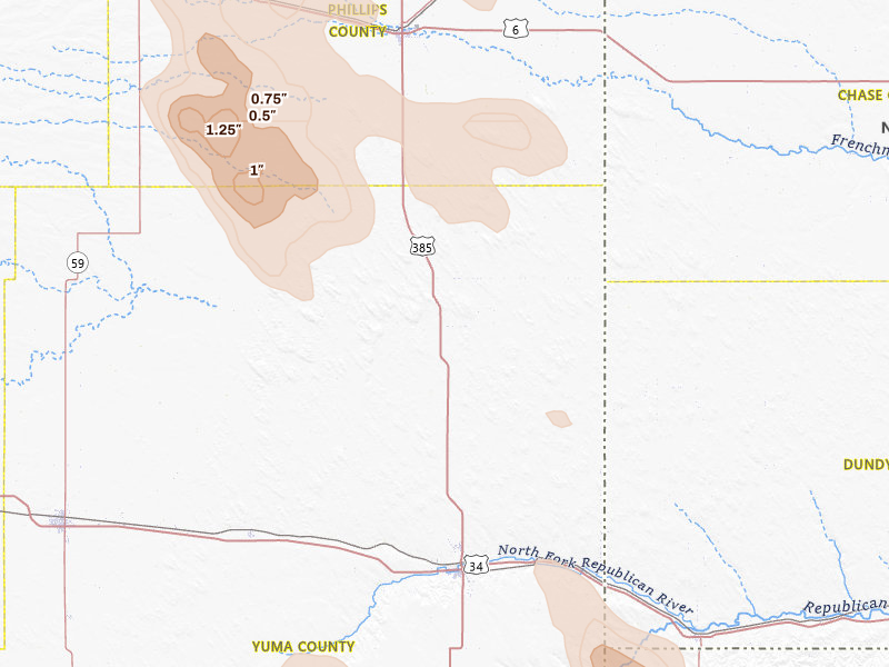 Radar-estimated hail-size map of the storm over Wray, CO on Jun 23, 2026