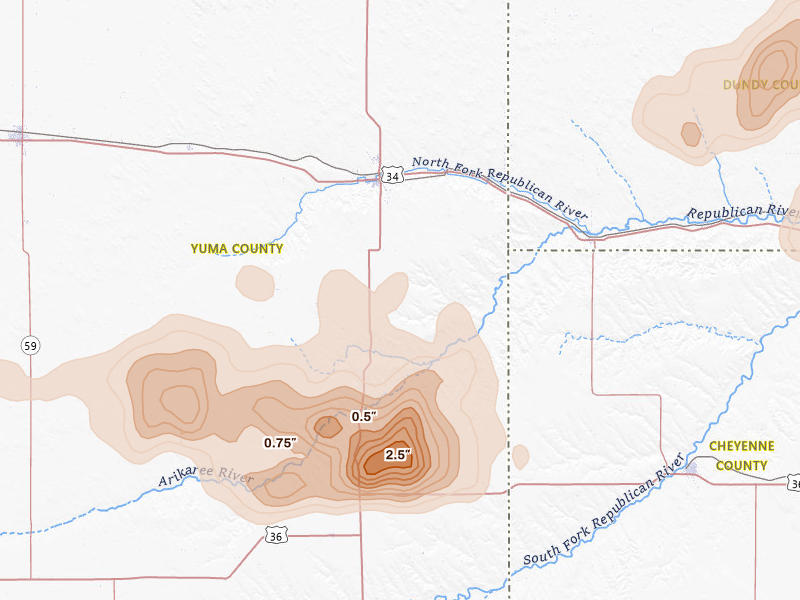 Radar-estimated hail-size map of the storm over Wray, CO on Jul 2, 2026