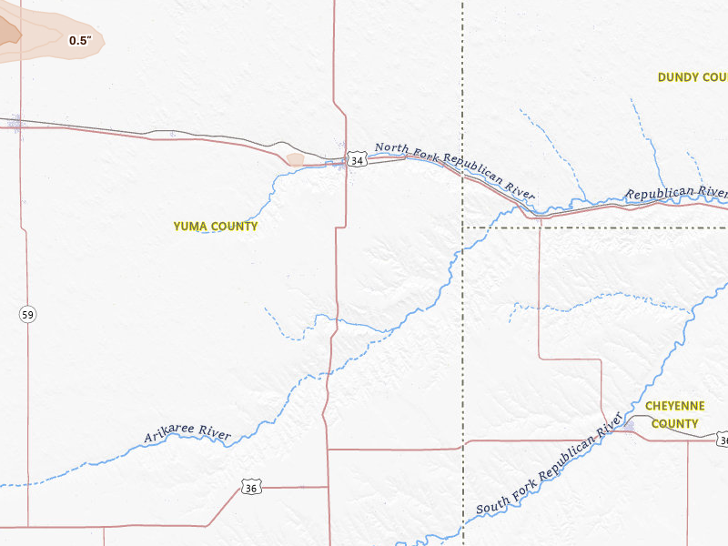 Radar-estimated hail-size map of the storm over Wray, CO on Jul 4, 2026