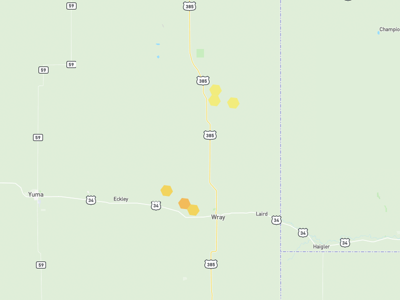 Hail map of Wray, CO on Jul 5, 2026, hail up to 1"
